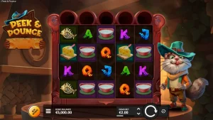 Tampilan visual slot Peek & Pounce dengan karakter kucing dan tikus