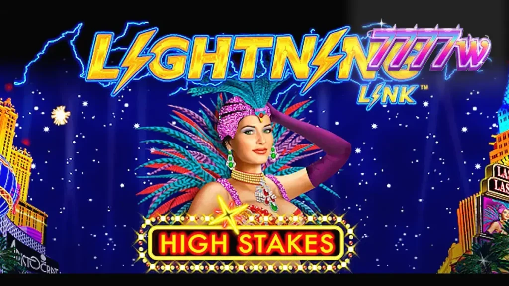 Tampilan layar permainan slot Lightning Link High Stakes dengan elemen visual kasino Las Vegas.