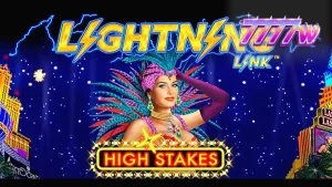Tampilan layar permainan slot Lightning Link High Stakes dengan elemen visual kasino Las Vegas.
