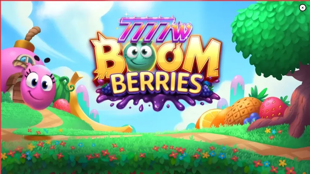 Tampilan visual slot Boomberries dengan tema desa dongeng dan buah-buahan.